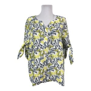 Charter Club NEW Women's Petite XL PXL Blouse Butterflies 100% Linen Tie Sleeves